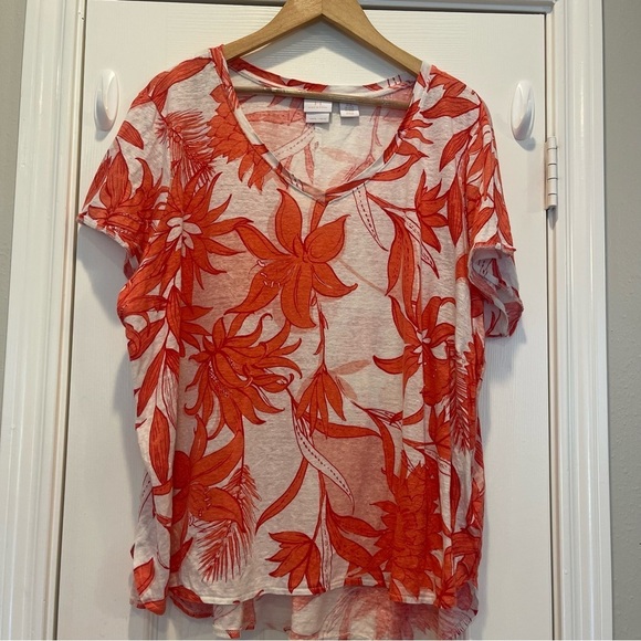 H By Halston Tee Shirt Women’s 2XL Coral Floral 100% Linen Blouse Top Colorful - Picture 2 of 8